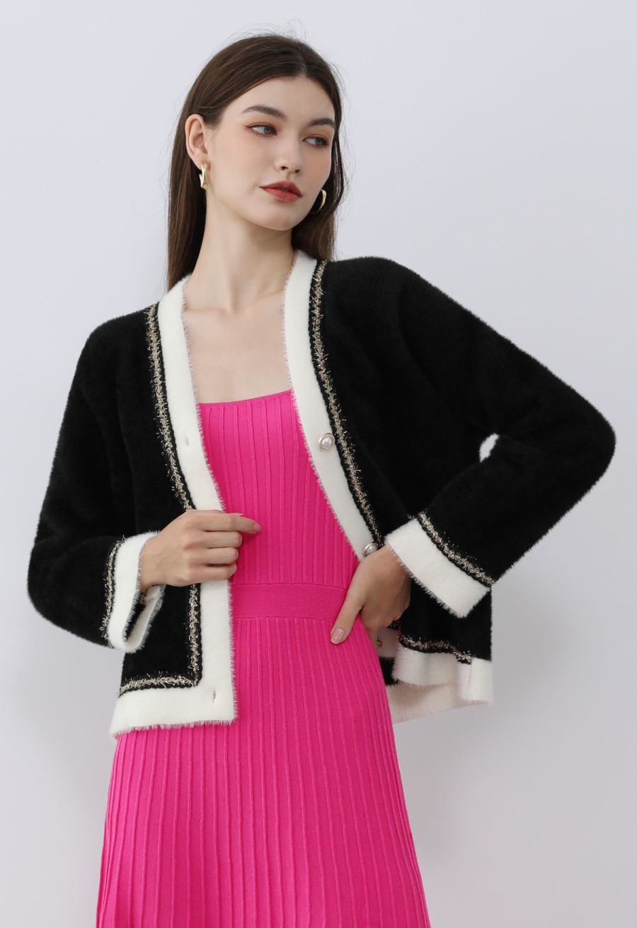 Contrast Shimmer Fringe Fuzzy Knit Cardigan in Black