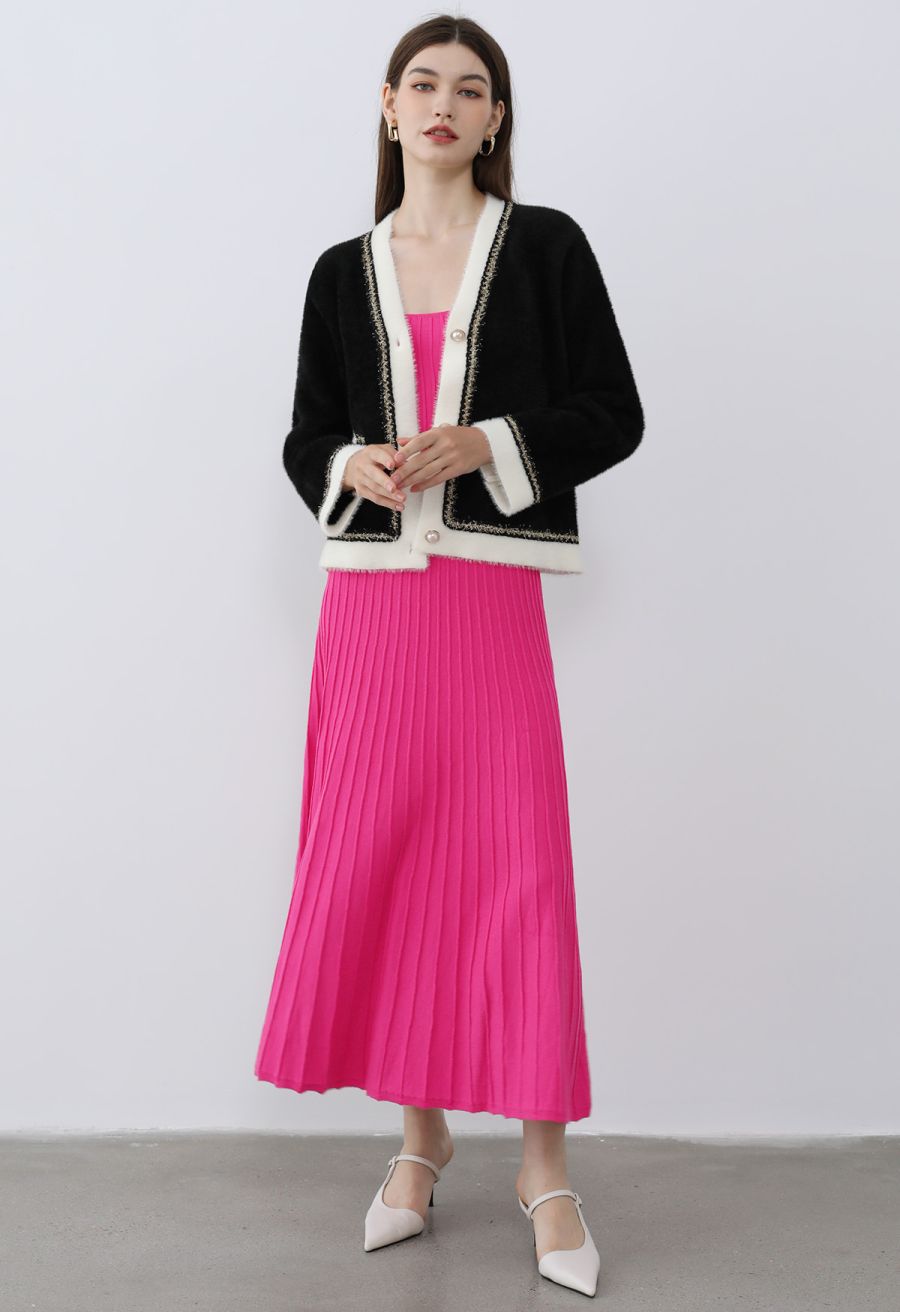 Contrast Shimmer Fringe Fuzzy Knit Cardigan in Black