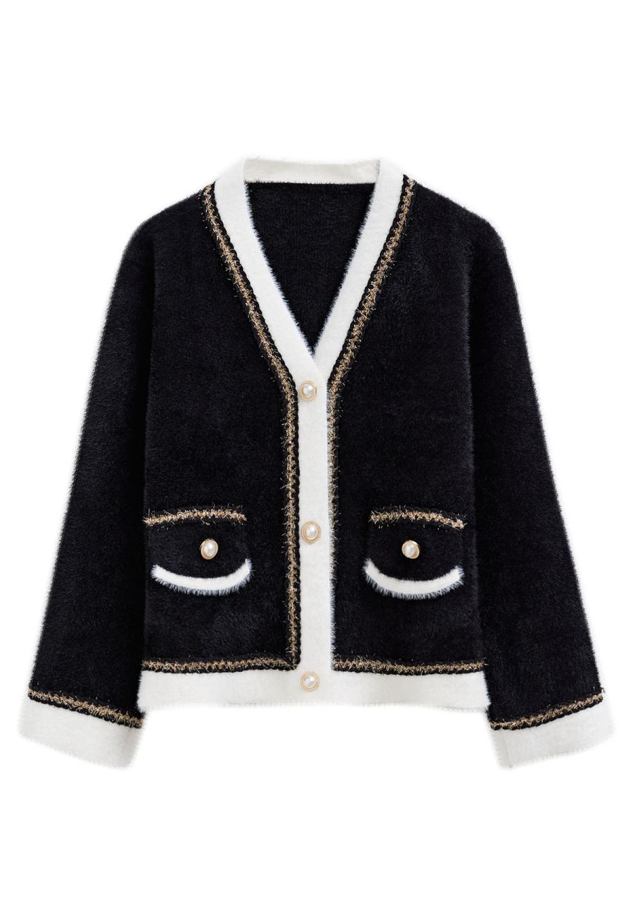 Contrast Shimmer Fringe Fuzzy Knit Cardigan in Black