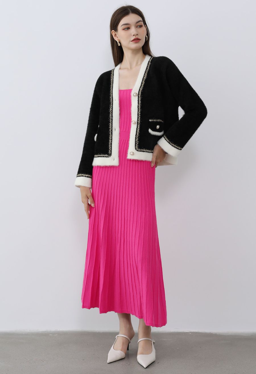 Contrast Shimmer Fringe Fuzzy Knit Cardigan in Black
