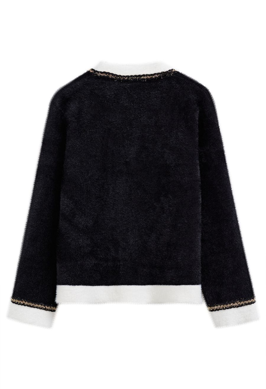 Contrast Shimmer Fringe Fuzzy Knit Cardigan in Black