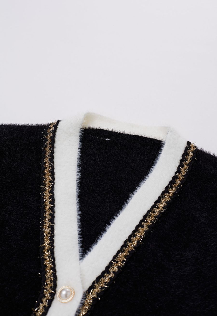 Contrast Shimmer Fringe Fuzzy Knit Cardigan in Black