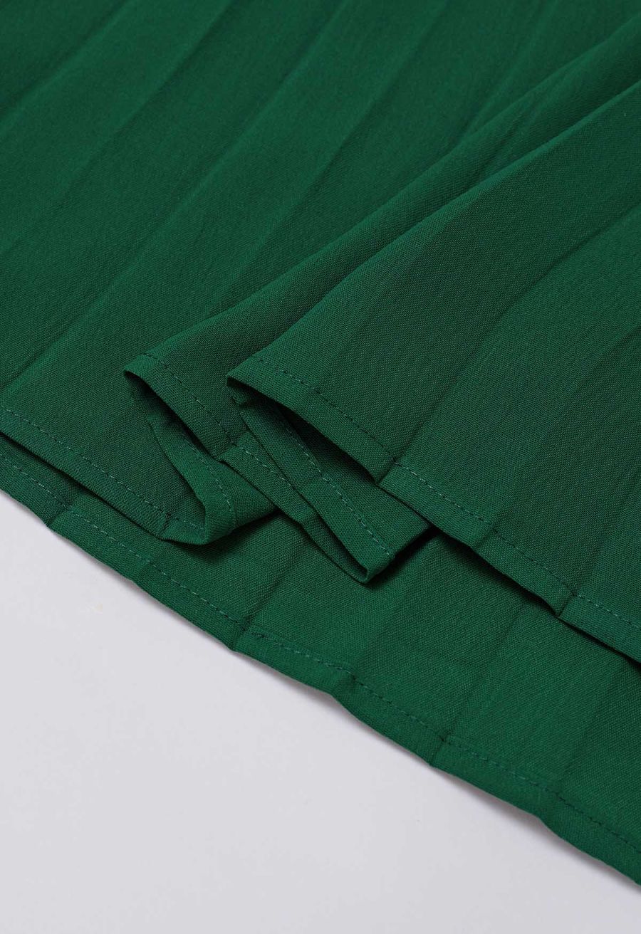 V-Neck Twisted Front Pleated Dress in Dark Green