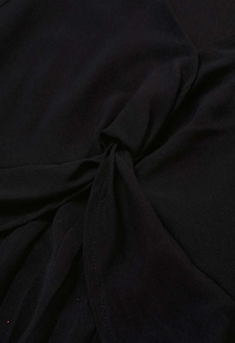 V-Neck Twisted Front Pleated Dress in Black