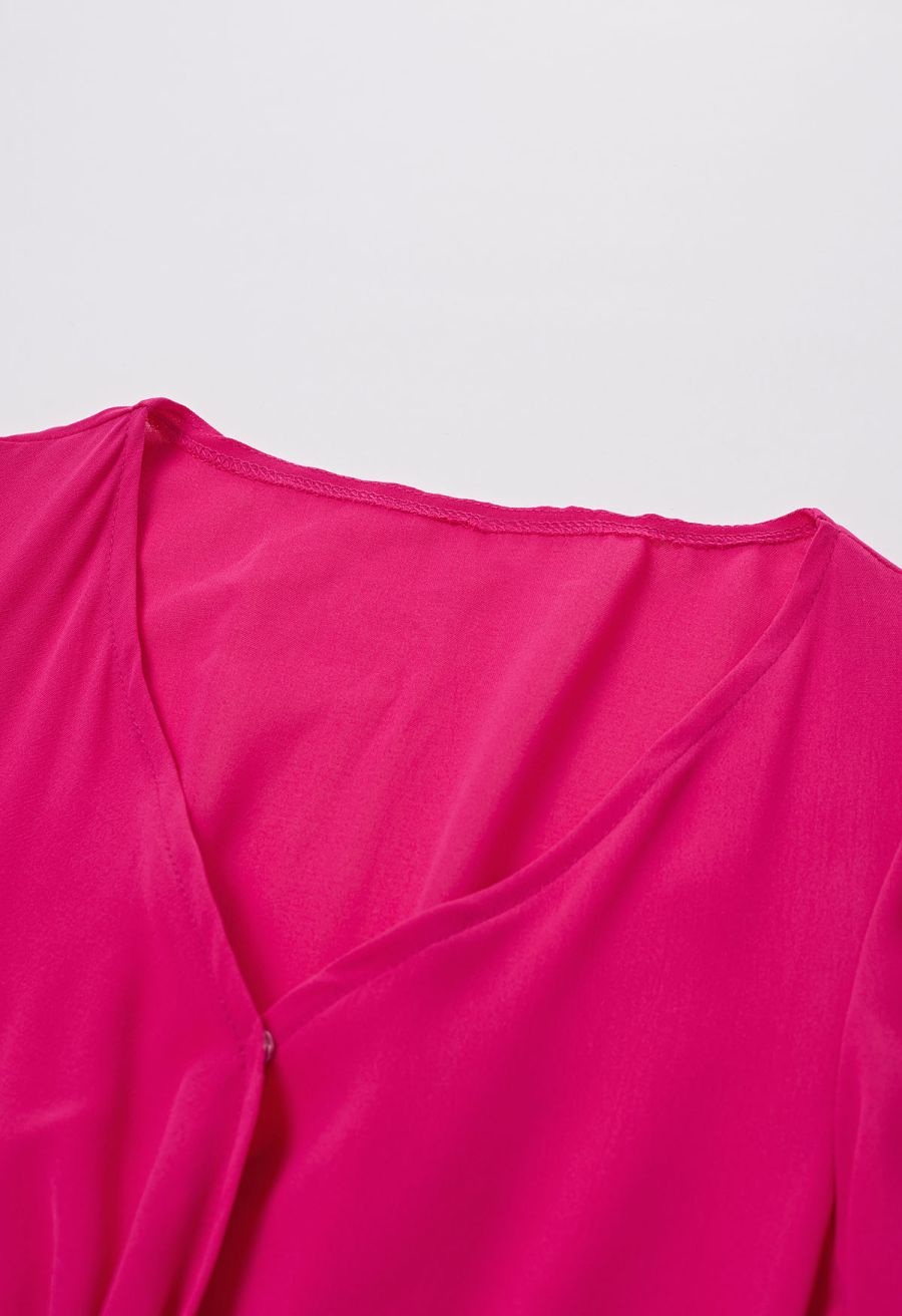 V-Neck Twisted Front Pleated Dress in Magenta
