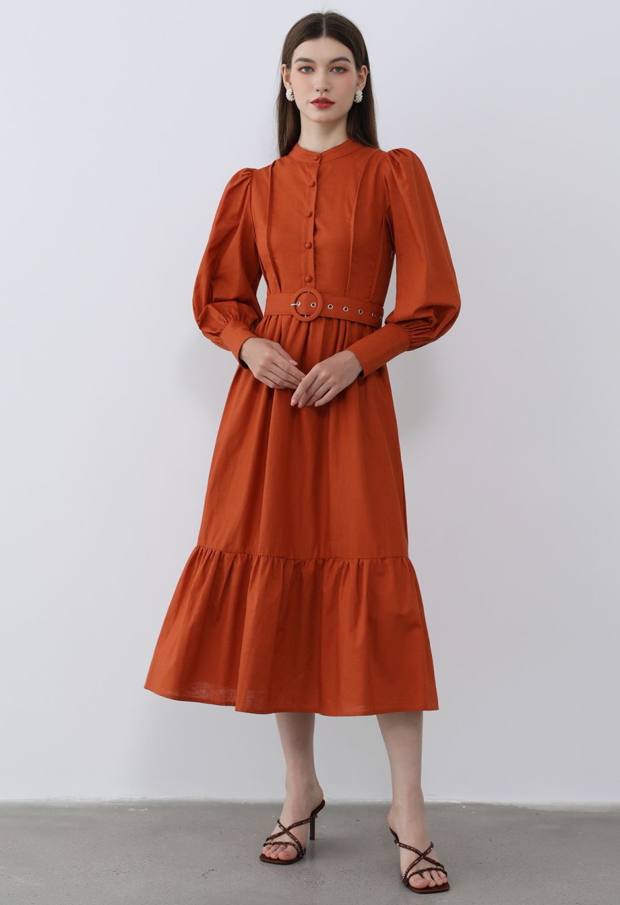 Lantern Sleeve Button Down Linen-Blend Midi Dress in Orange