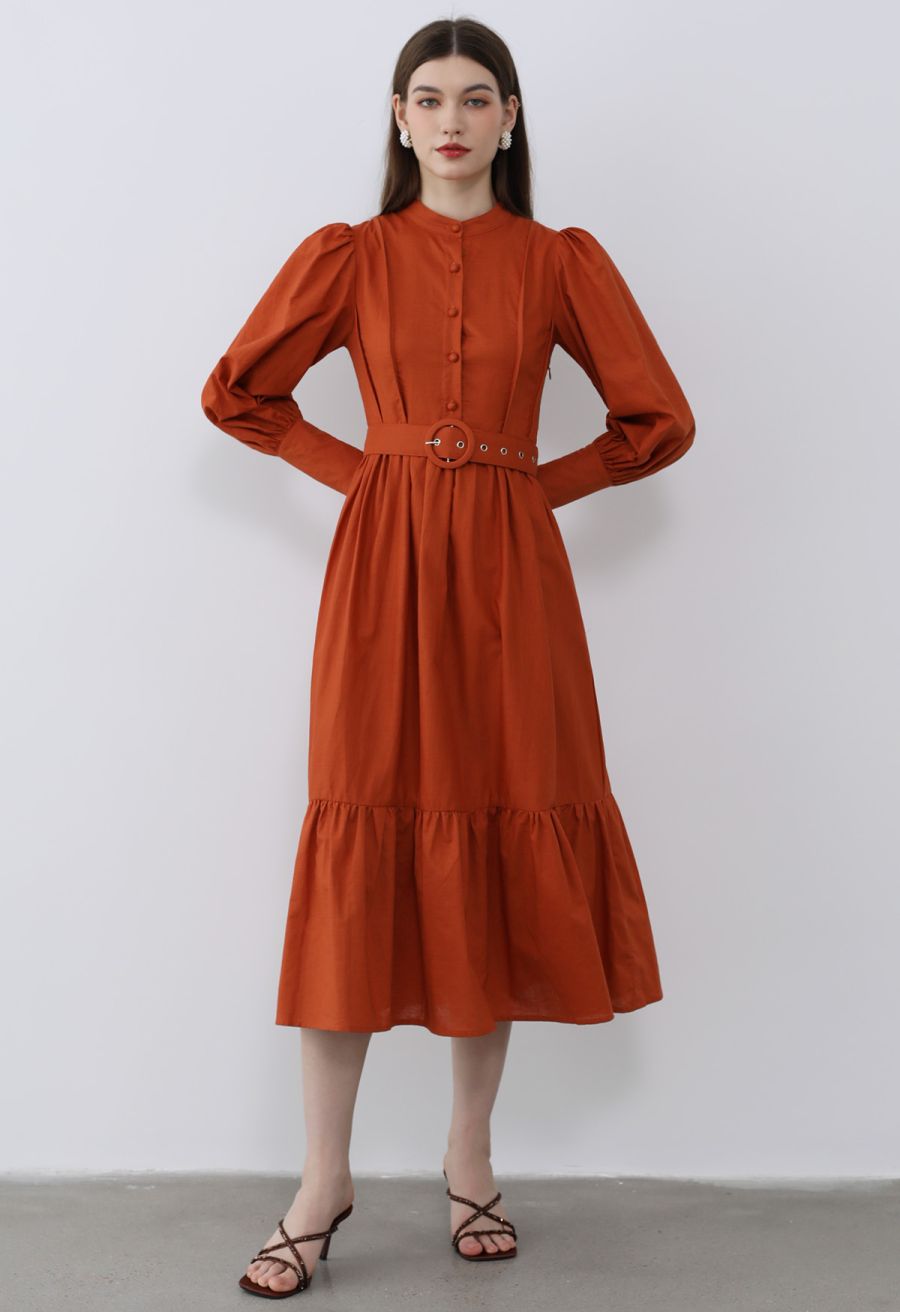 Lantern Sleeve Button Down Linen-Blend Midi Dress in Orange