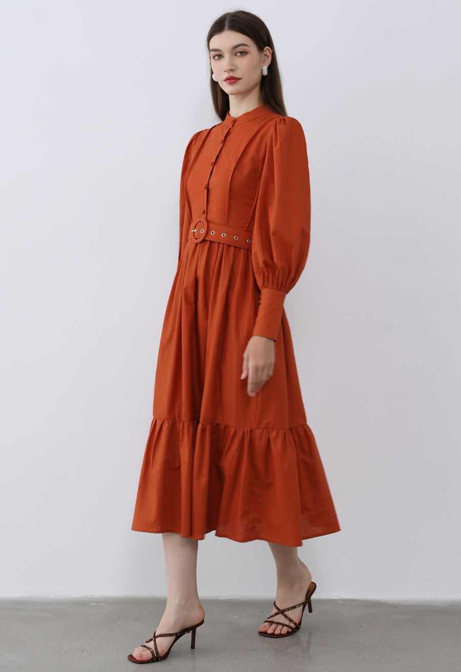 Lantern Sleeve Button Down Linen-Blend Midi Dress in Orange