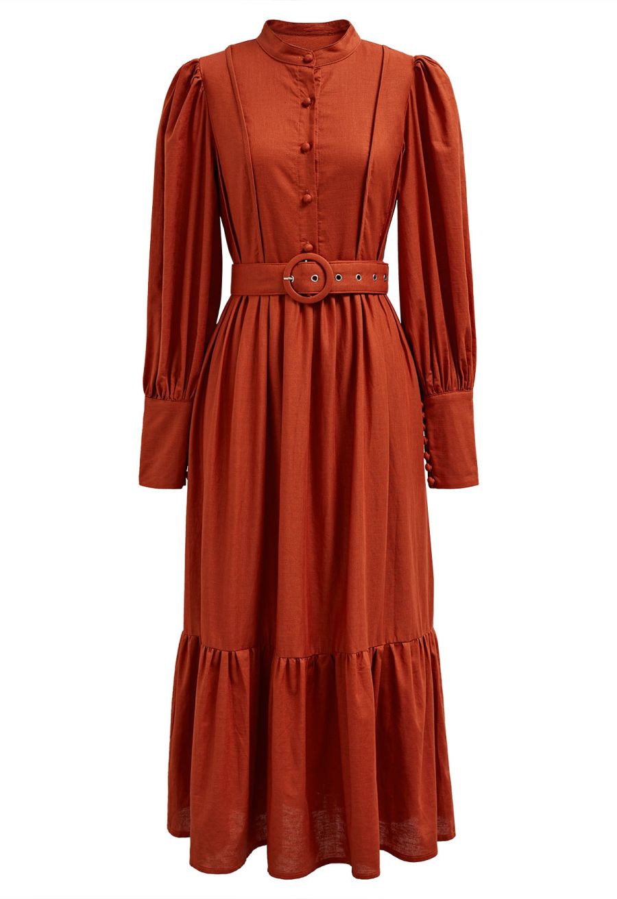 Lantern Sleeve Button Down Linen-Blend Midi Dress in Orange