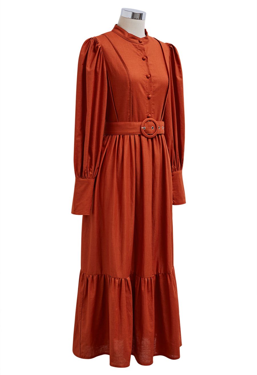 Lantern Sleeve Button Down Linen-Blend Midi Dress in Orange