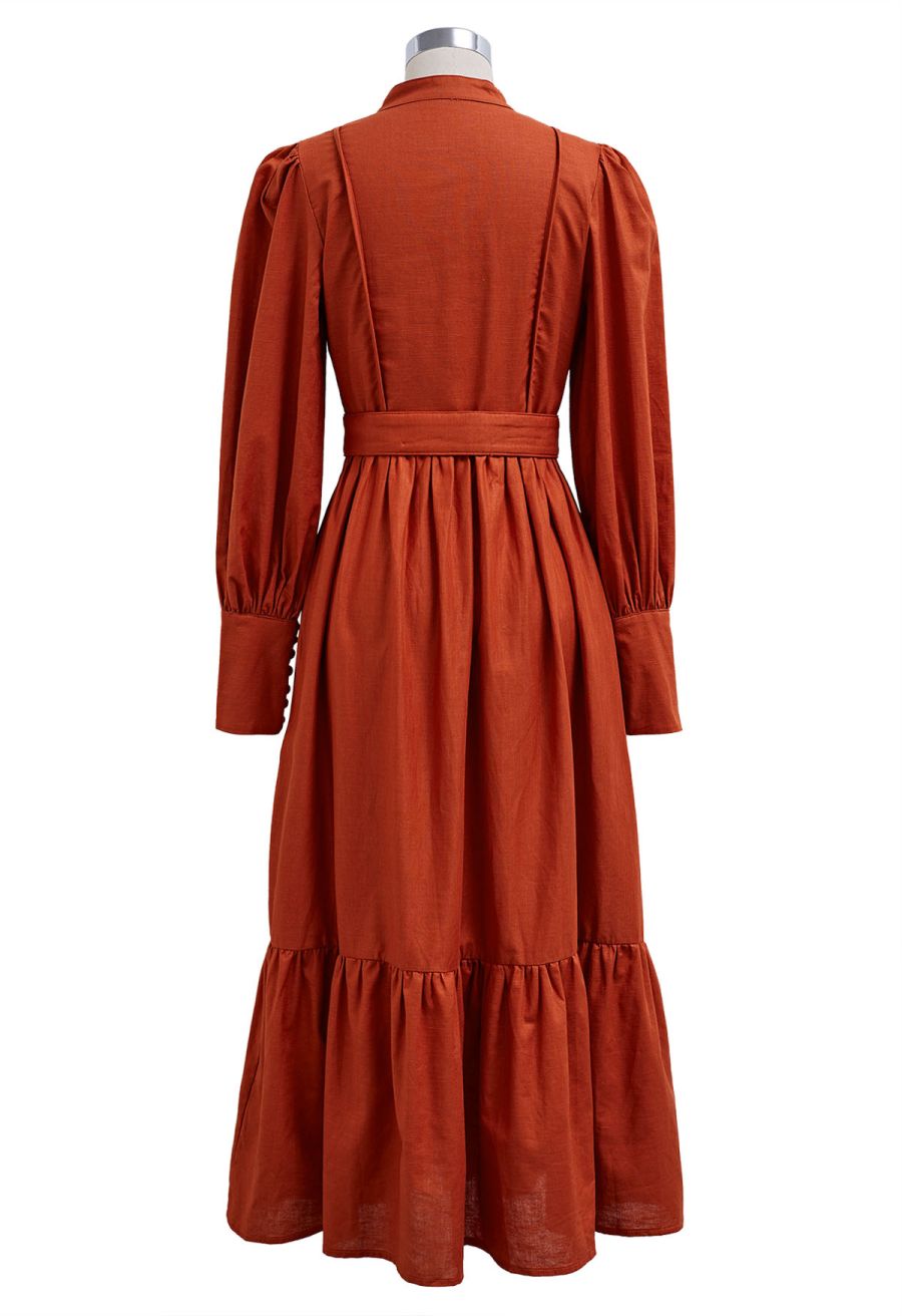 Lantern Sleeve Button Down Linen-Blend Midi Dress in Orange