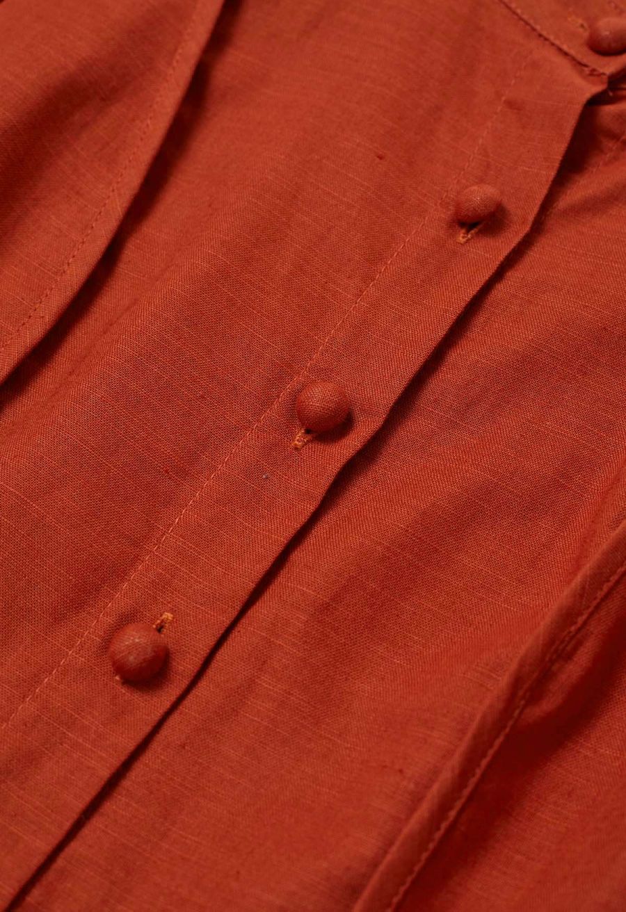 Lantern Sleeve Button Down Linen-Blend Midi Dress in Orange