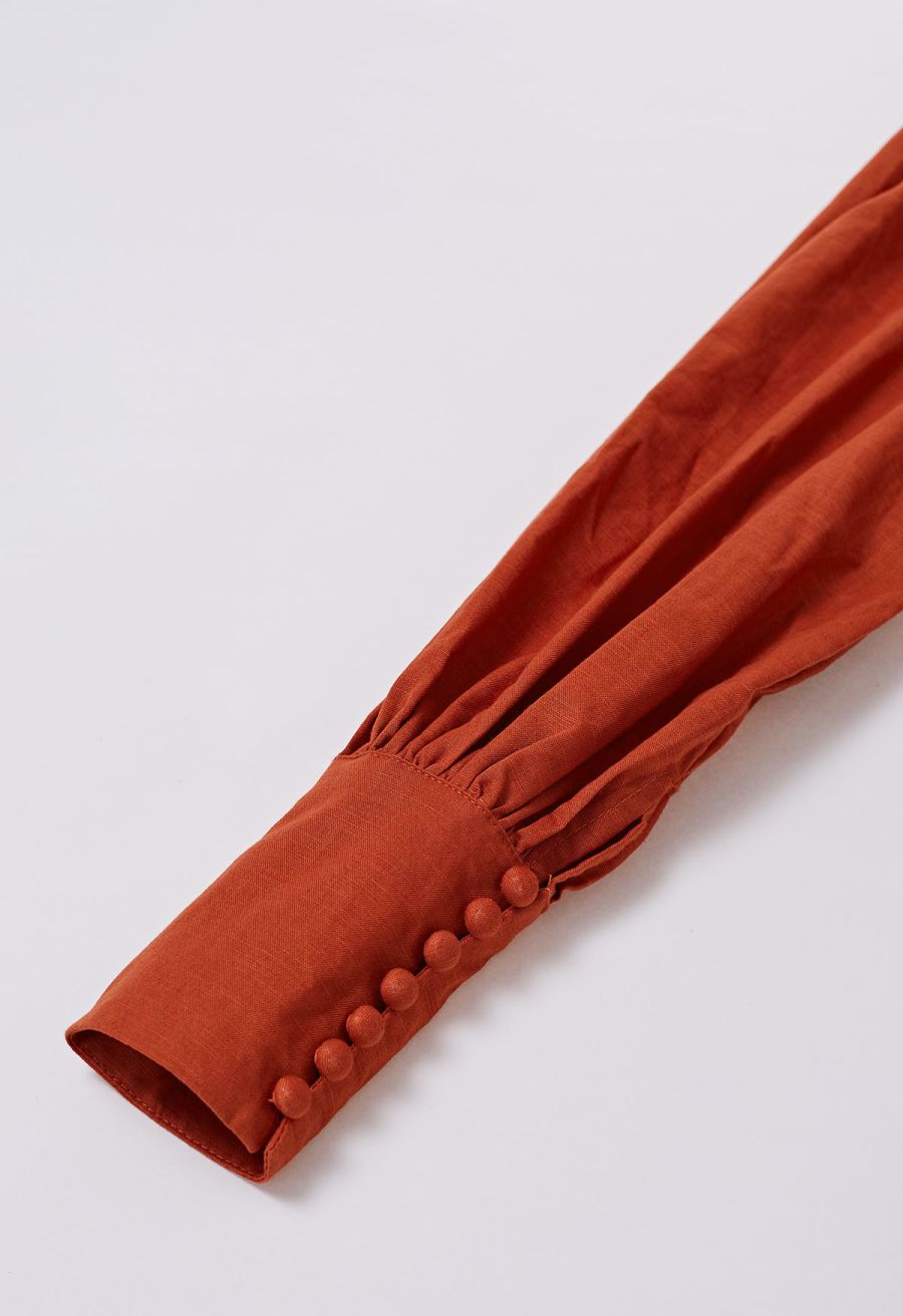 Lantern Sleeve Button Down Linen-Blend Midi Dress in Orange