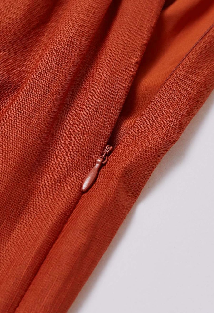 Lantern Sleeve Button Down Linen-Blend Midi Dress in Orange