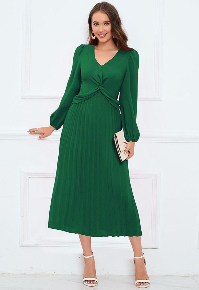 V-Neck Twisted Front Pleated Dress in Dark Green