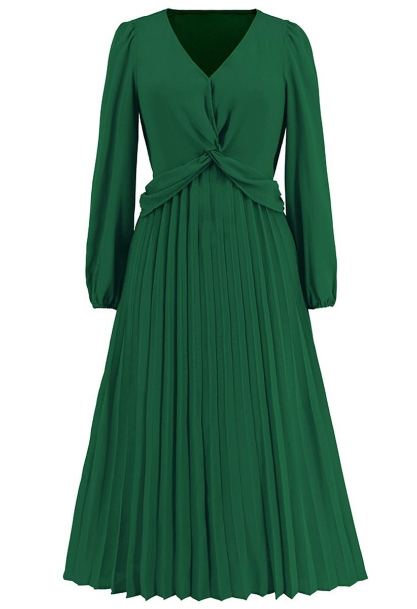 V-Neck Twisted Front Pleated Dress in Dark Green