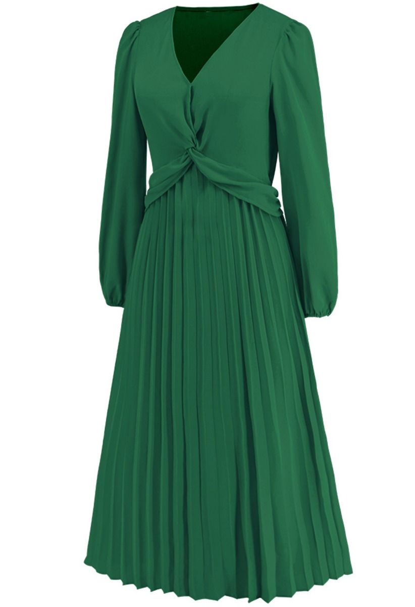 V-Neck Twisted Front Pleated Dress in Dark Green