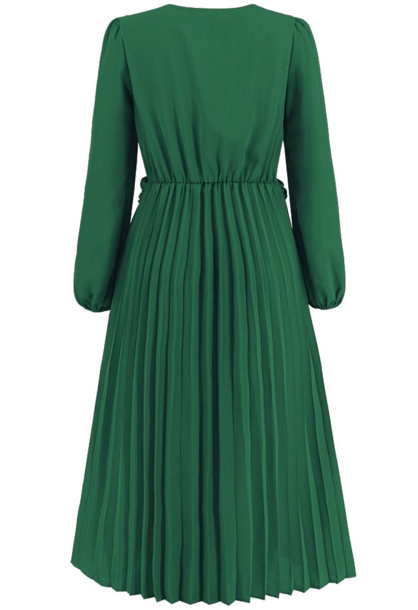 V-Neck Twisted Front Pleated Dress in Dark Green