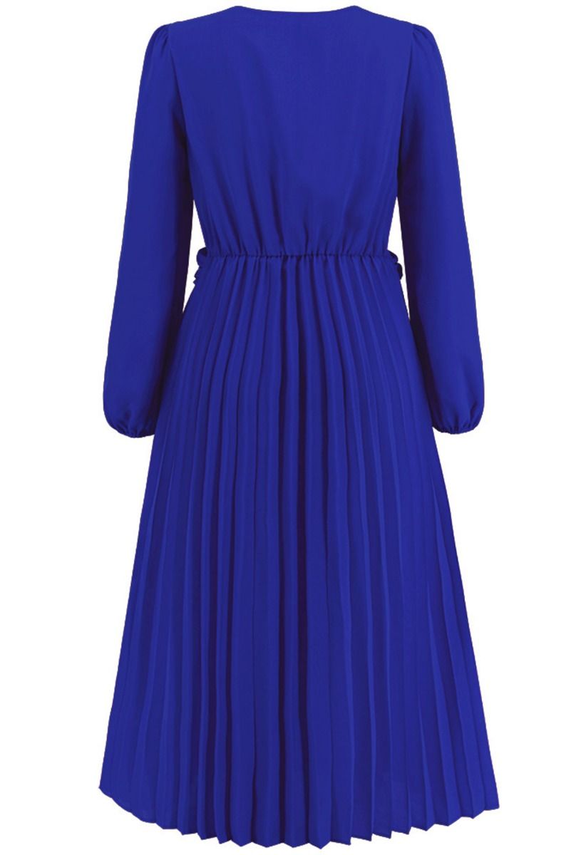 V-Neck Twisted Front Pleated Dress in Indigo