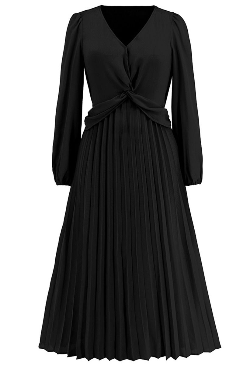 V-Neck Twisted Front Pleated Dress in Black