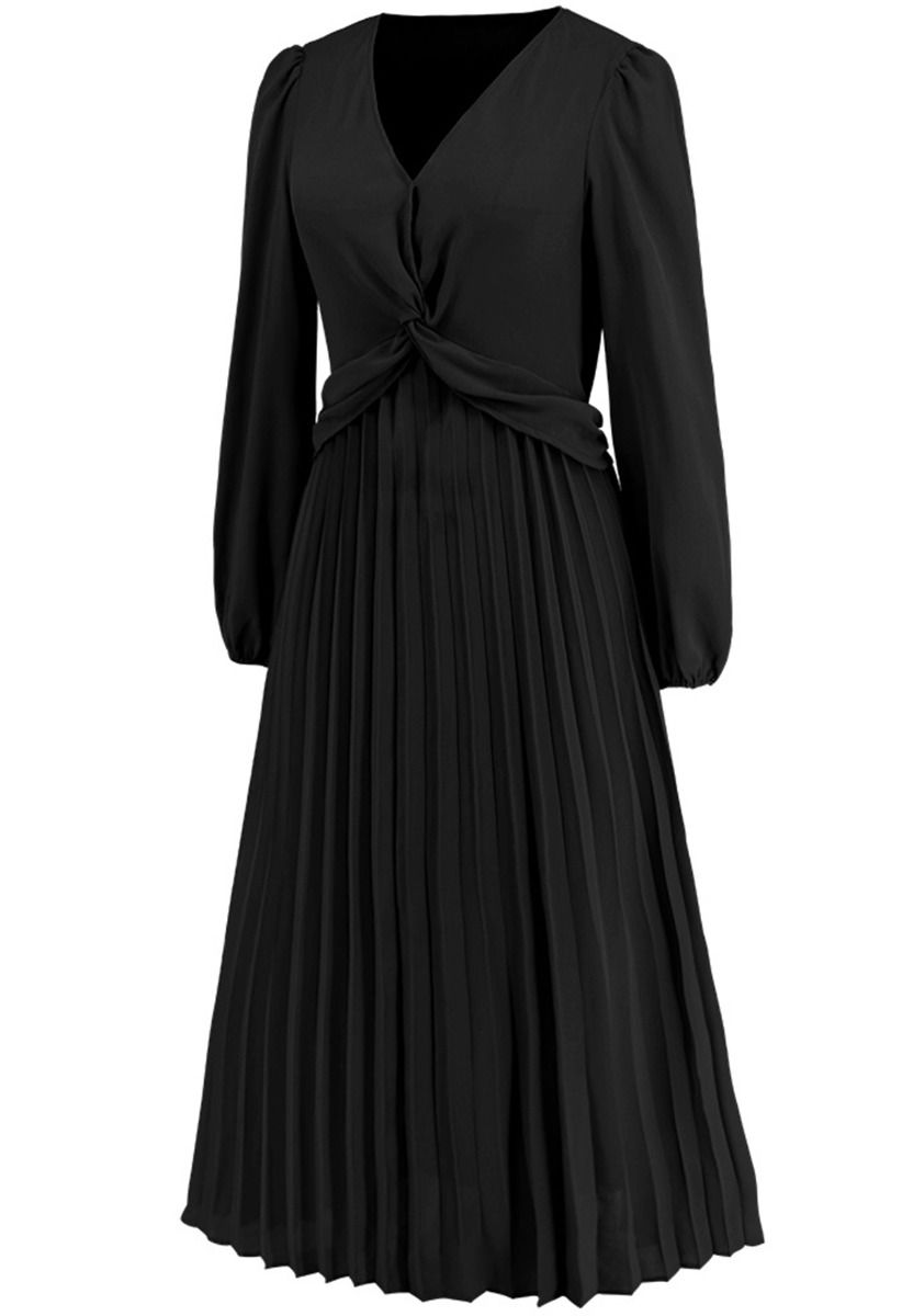V-Neck Twisted Front Pleated Dress in Black