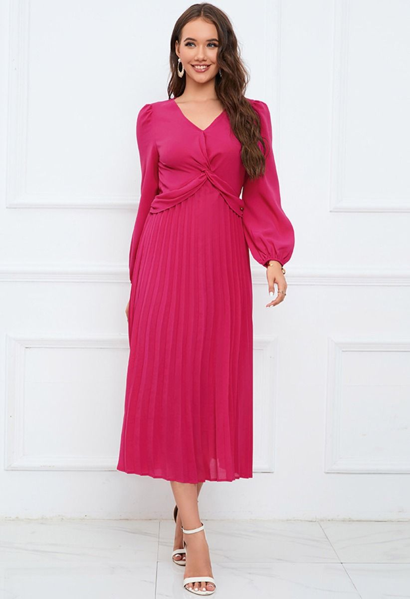V-Neck Twisted Front Pleated Dress in Magenta