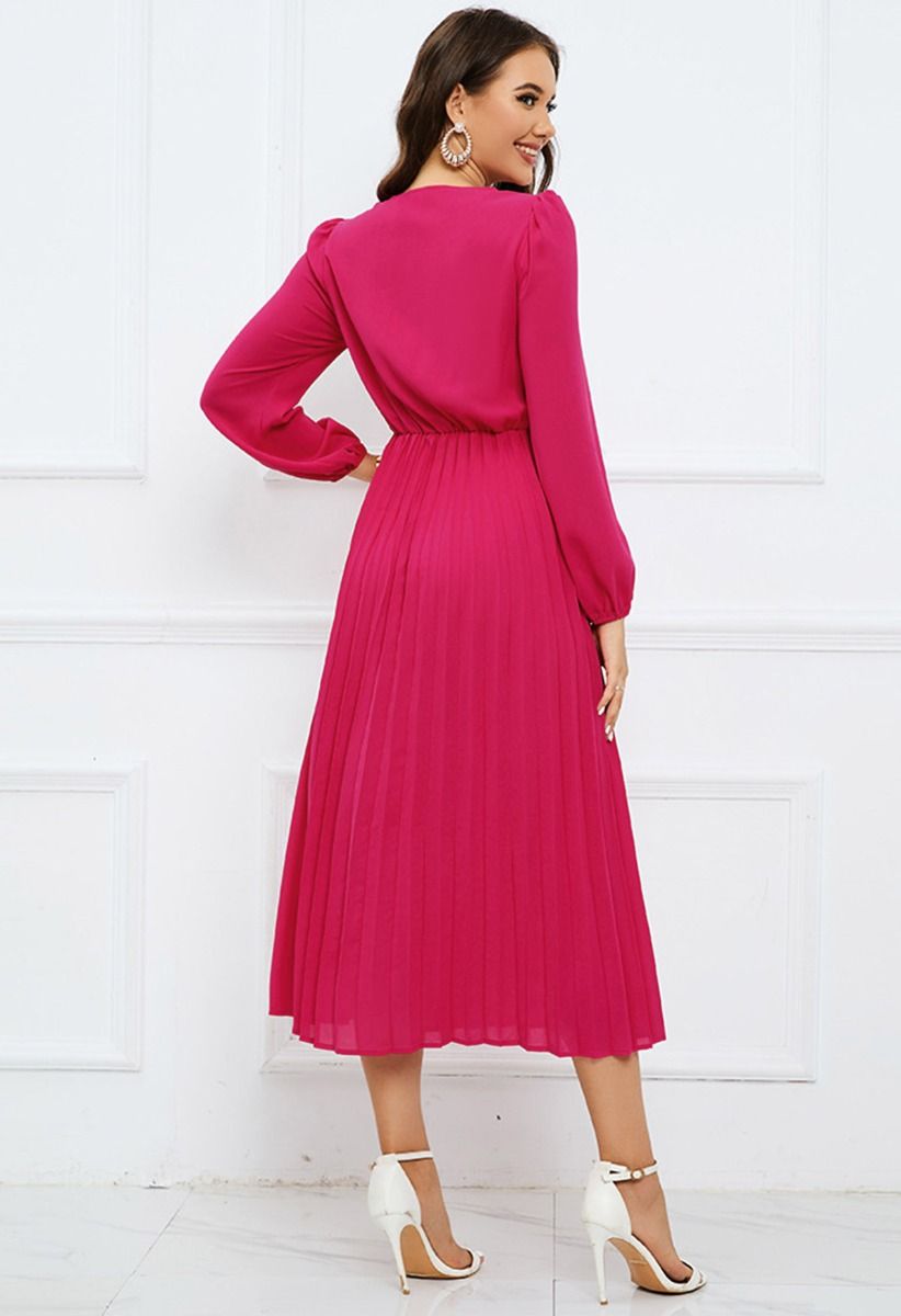 V-Neck Twisted Front Pleated Dress in Magenta