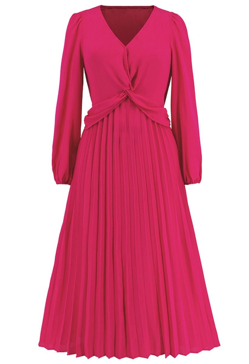 V-Neck Twisted Front Pleated Dress in Magenta