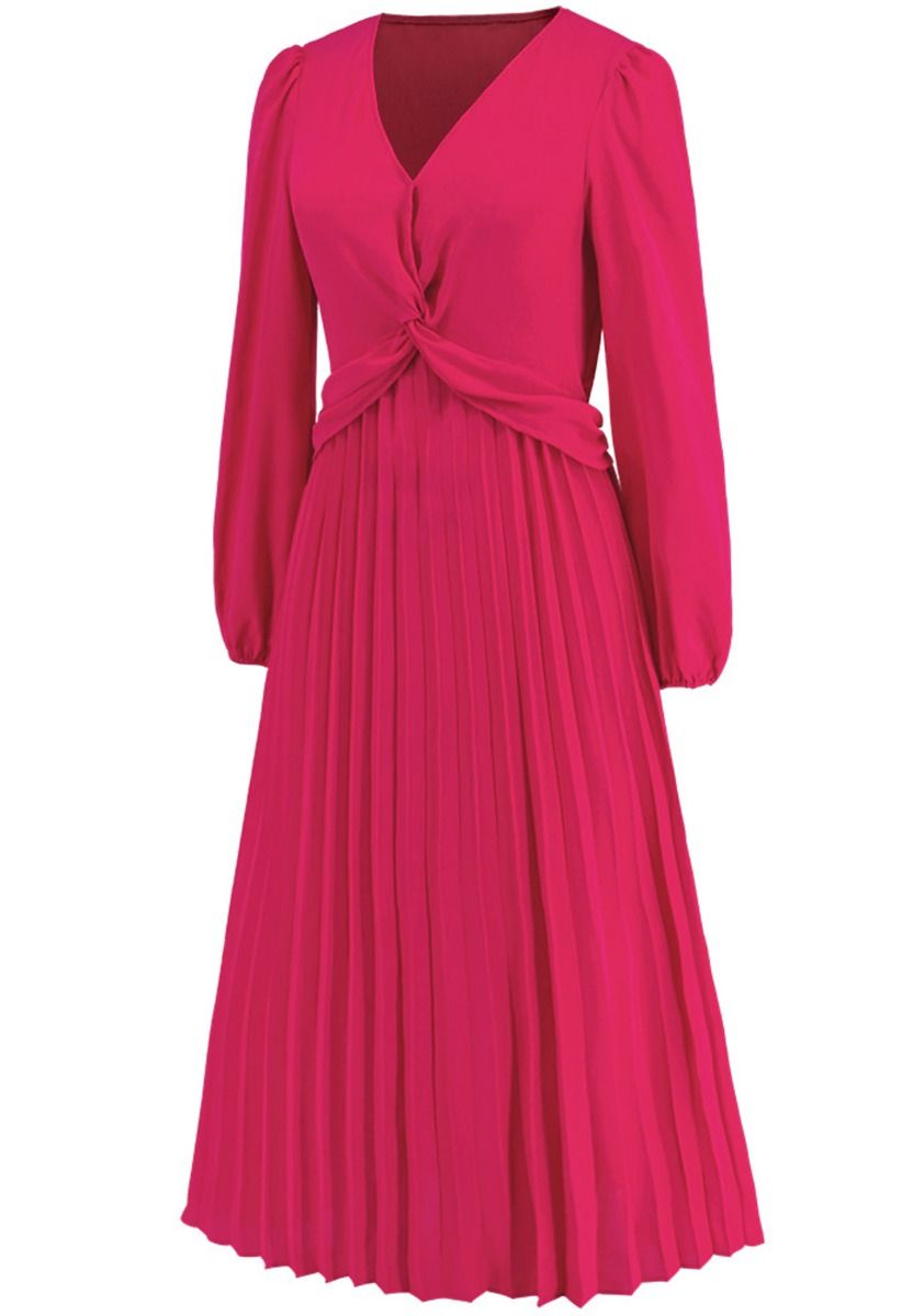 V-Neck Twisted Front Pleated Dress in Magenta