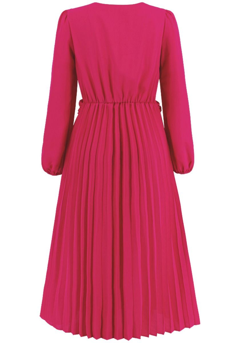 V-Neck Twisted Front Pleated Dress in Magenta