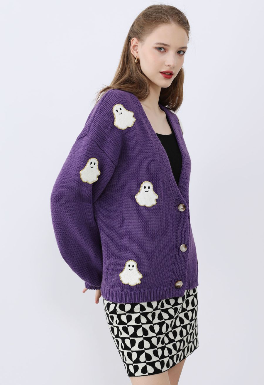 Halloween Ghost Patch Buttoned Knit Cardigan in Purple Halloween Costumes