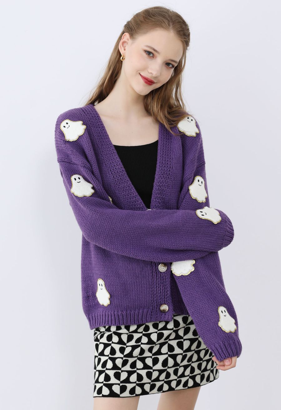 Halloween Ghost Patch Buttoned Knit Cardigan in Purple Halloween Costumes