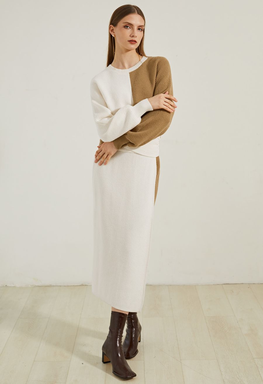 Two-Tone Cross Hem Knit Sweater