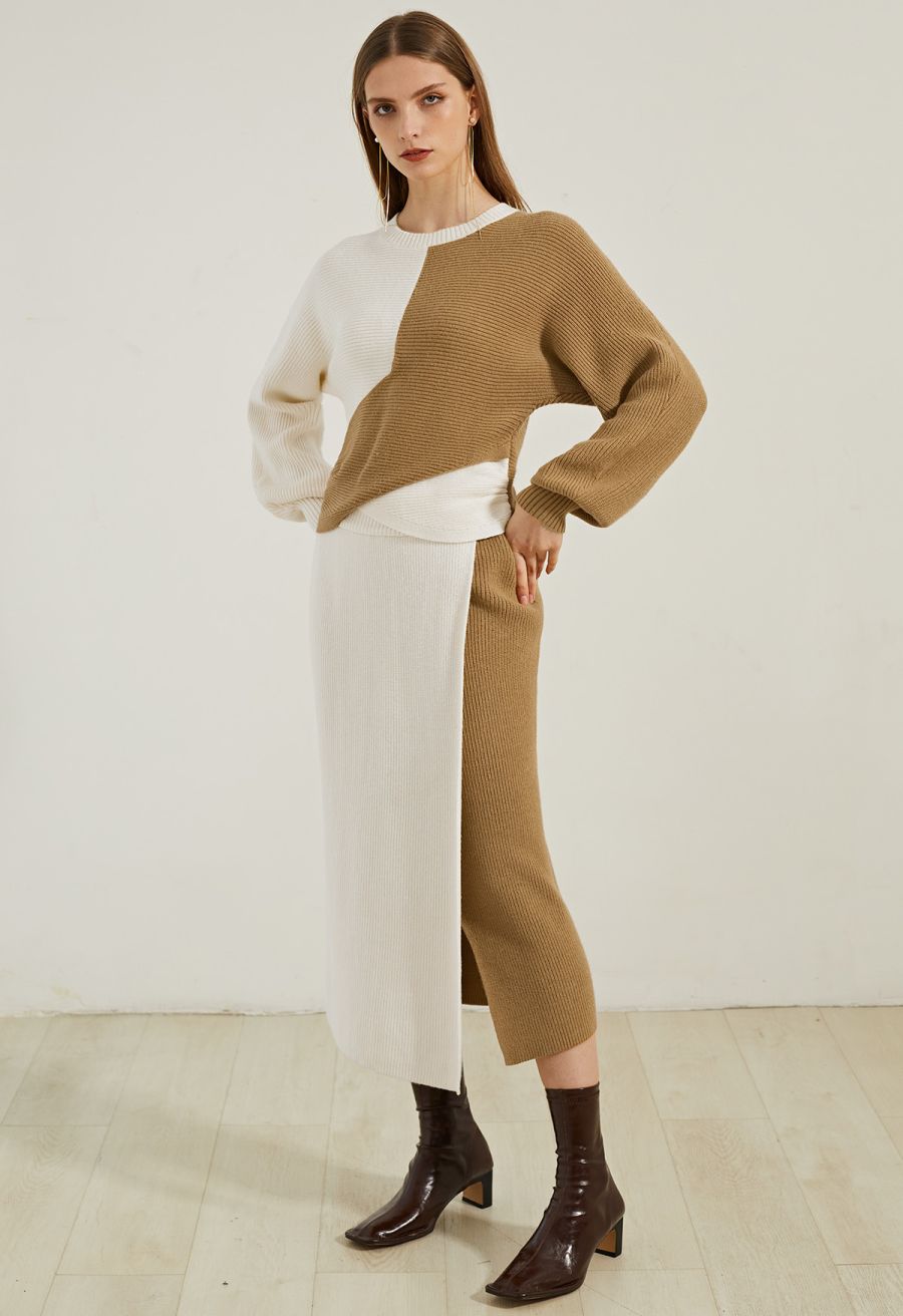 Two-Tone Cross Hem Knit Sweater
