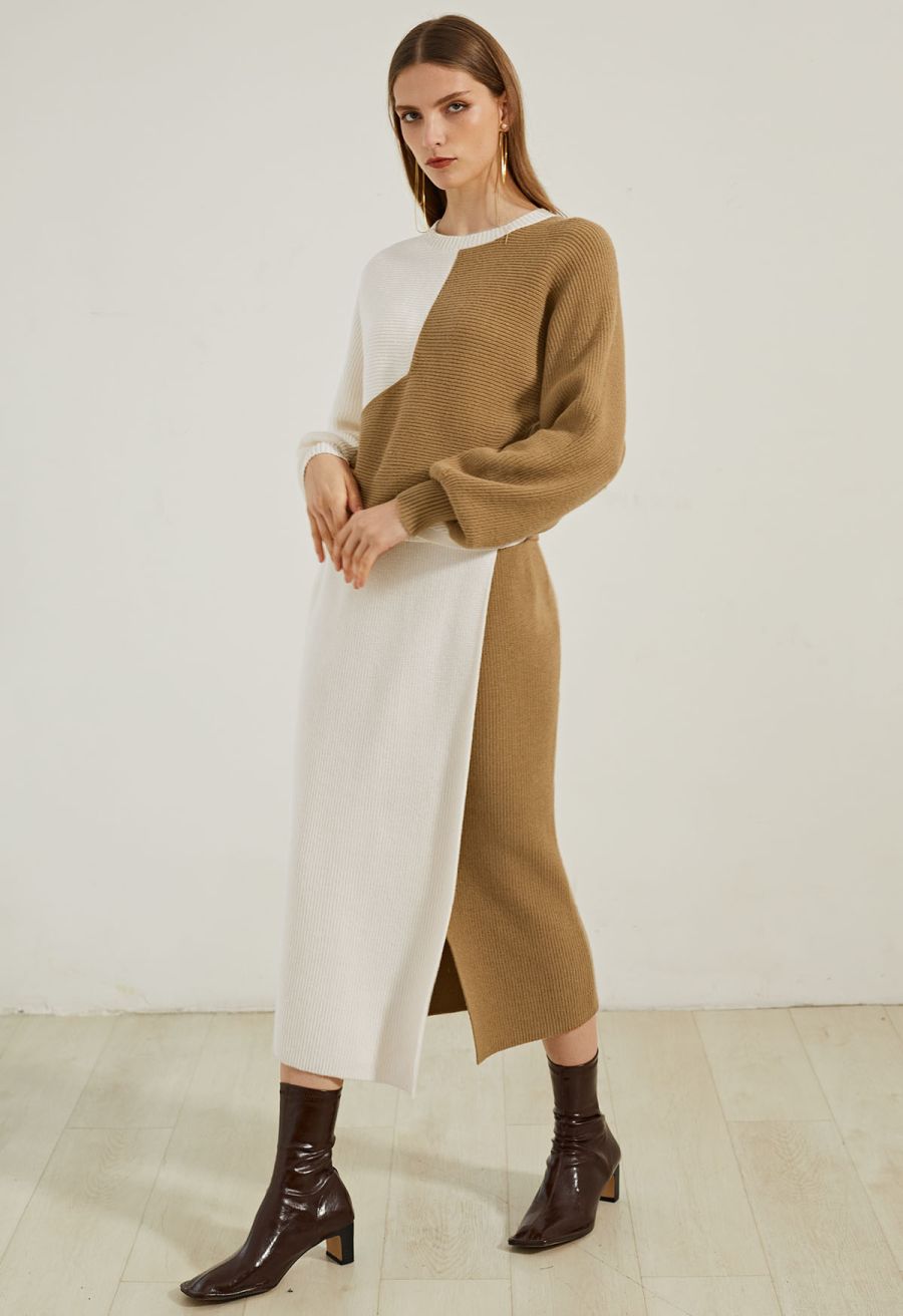 Two-Tone Cross Hem Knit Sweater