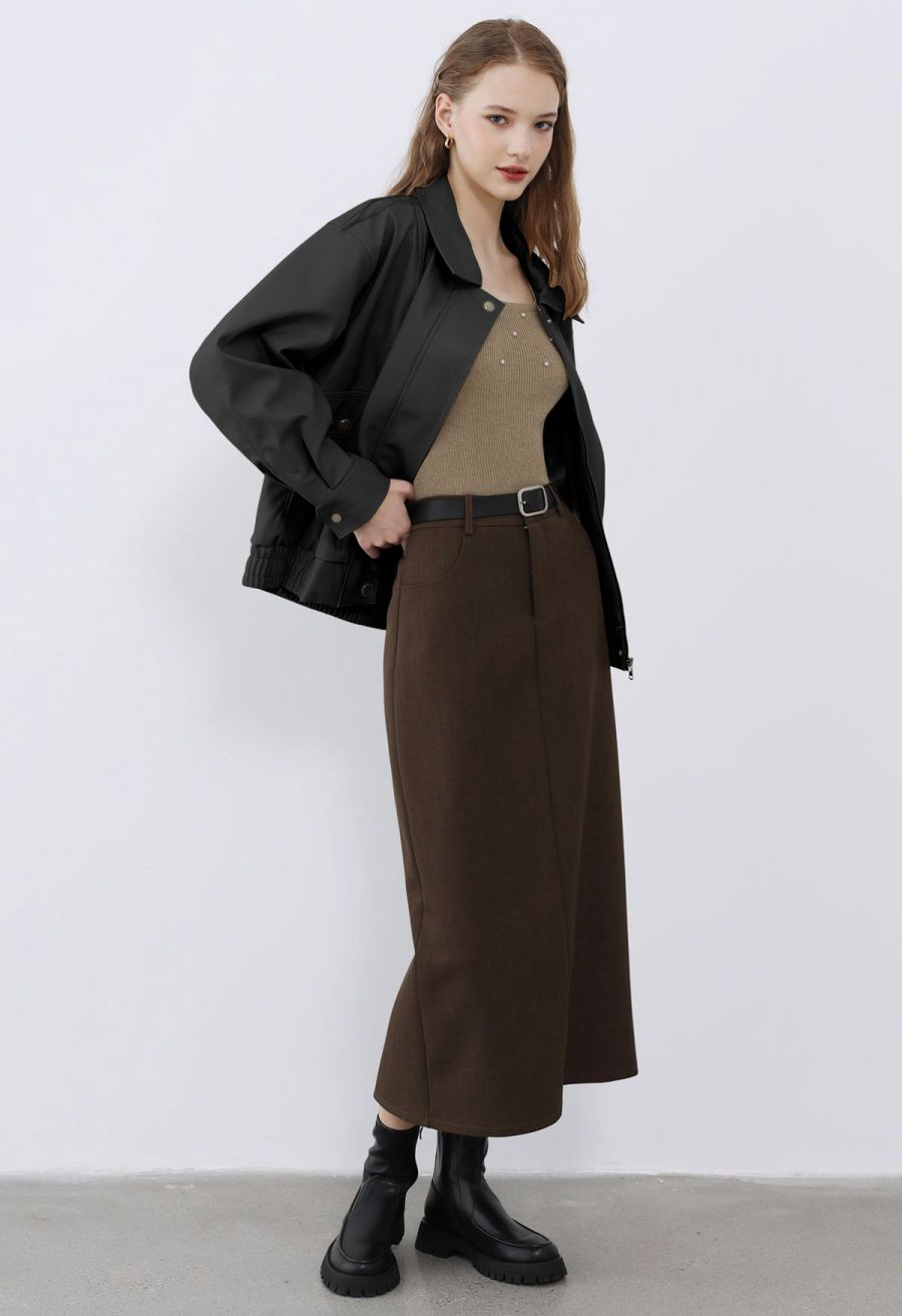 Fake Flap Pocket Faux Leather Jacket in Black