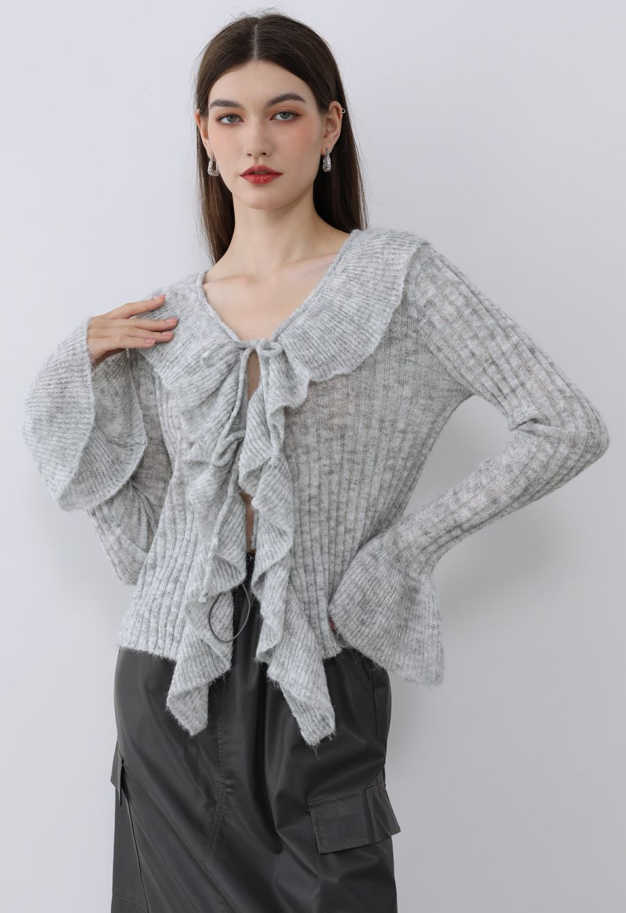 Exaggerated Ruffle Neck Self-Tie Knit Top in Grey