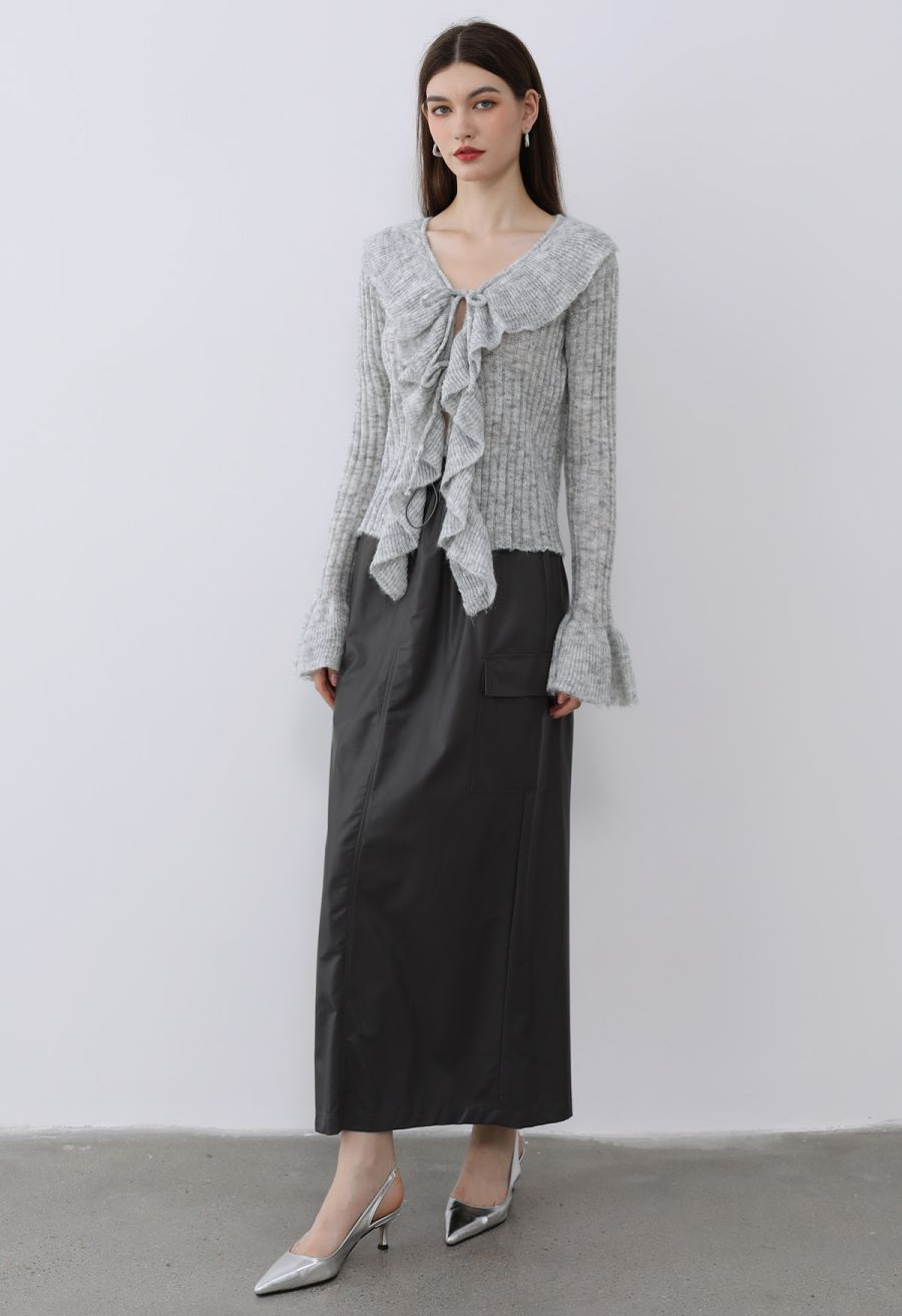 Exaggerated Ruffle Neck Self-Tie Knit Top in Grey