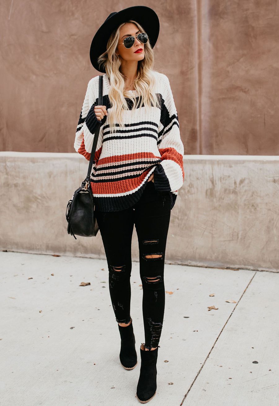 Mixed-Color Stripe Oversize Chunky Knit Sweater