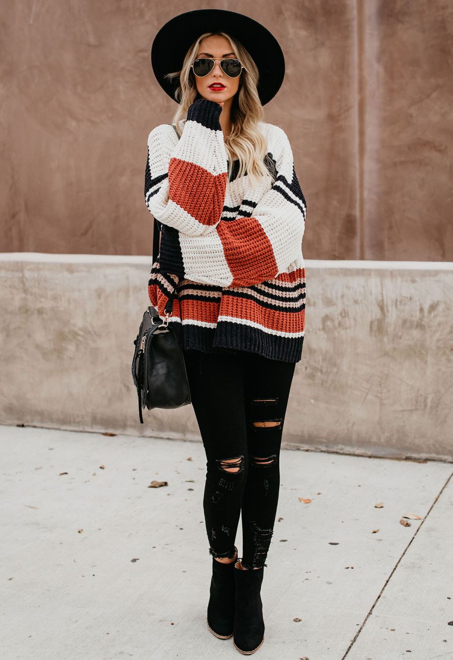 Mixed-Color Stripe Oversize Chunky Knit Sweater