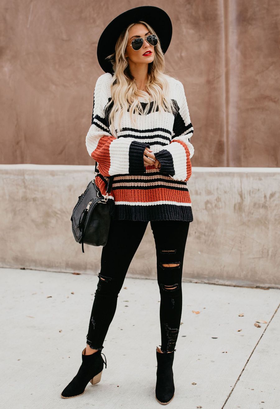 Mixed-Color Stripe Oversize Chunky Knit Sweater