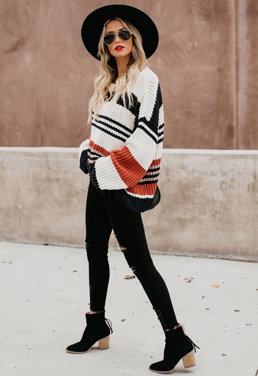 Mixed-Color Stripe Oversize Chunky Knit Sweater