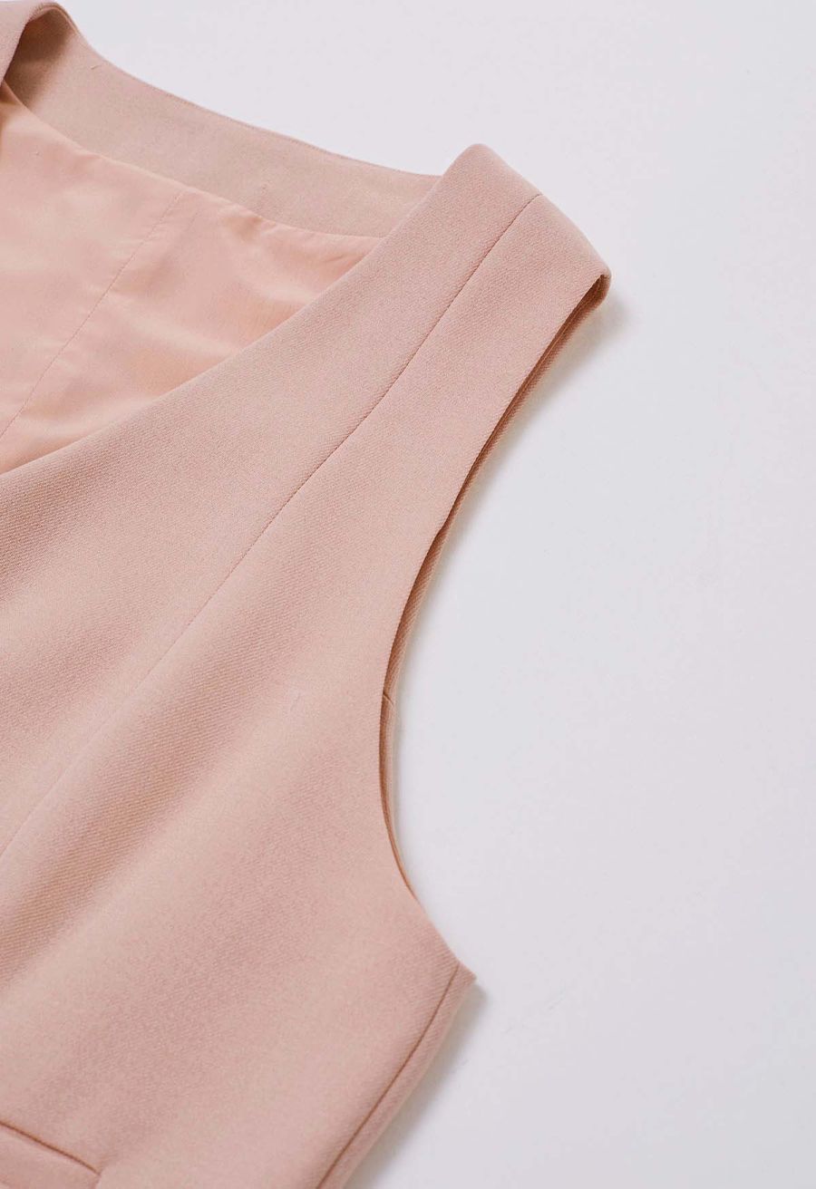 V-Neck Welt Pocket Buttoned Vest Blazer in Pink