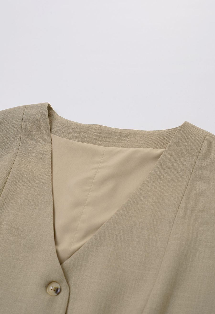 V-Neck Welt Pocket Buttoned Vest Blazer in Khaki