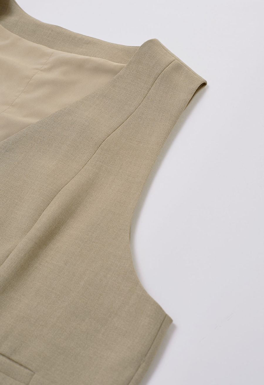 V-Neck Welt Pocket Buttoned Vest Blazer in Khaki