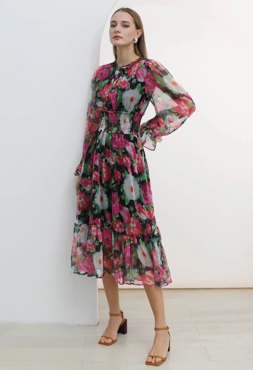 Pink Floral Shirred Waist Chiffon Dress
