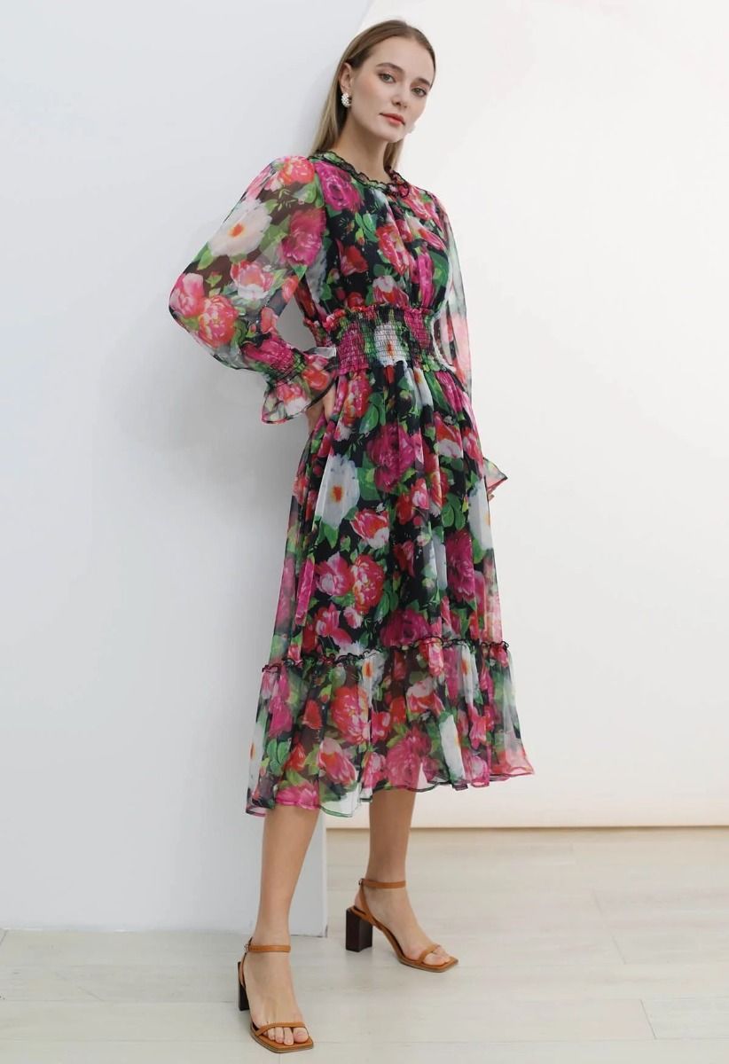 Pink Floral Shirred Waist Chiffon Dress