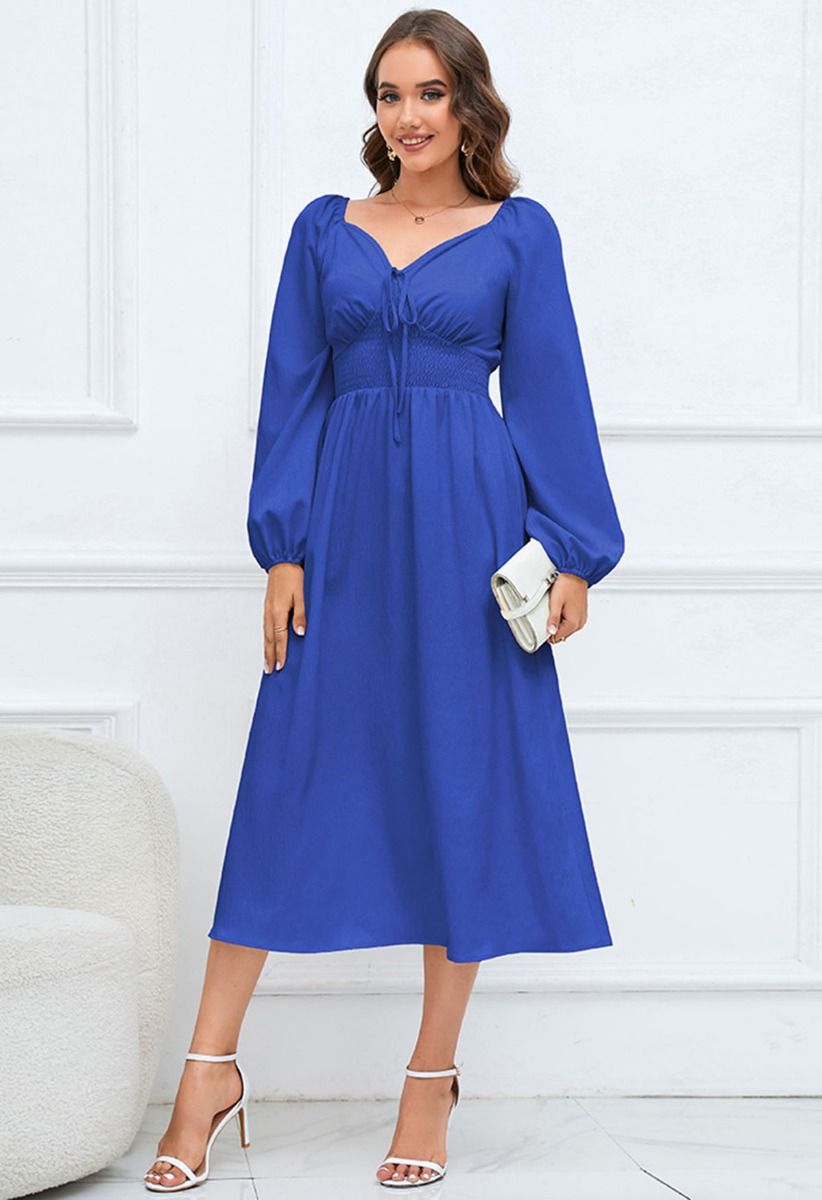 Sweetheart Neck Tie Front Midi Dress in Indigo