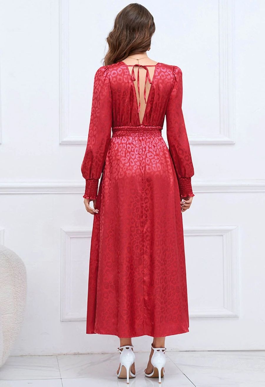 Glossy Leopard Jacquard Ruffle Maxi Dress in Red