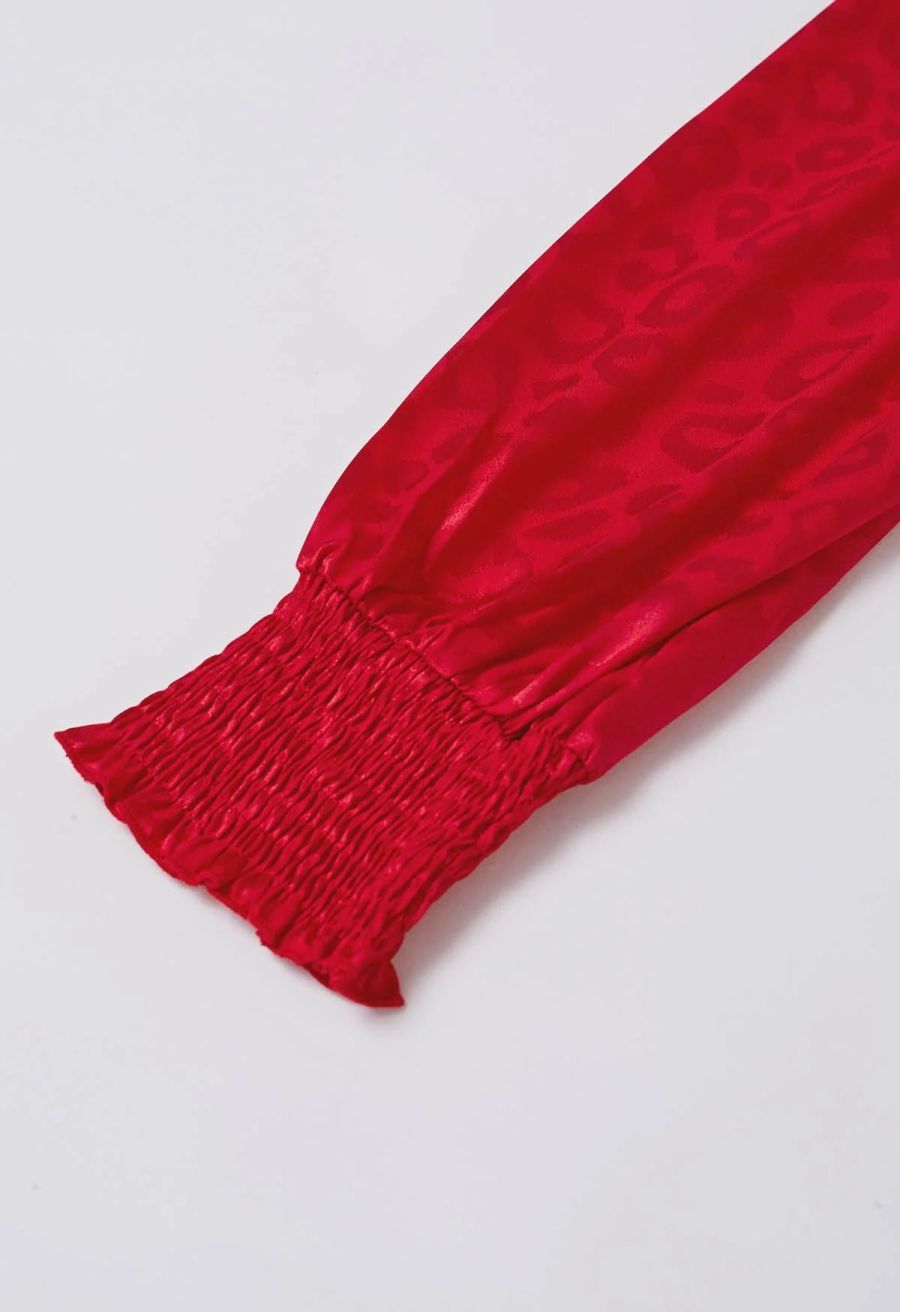 Glossy Leopard Jacquard Ruffle Maxi Dress in Red